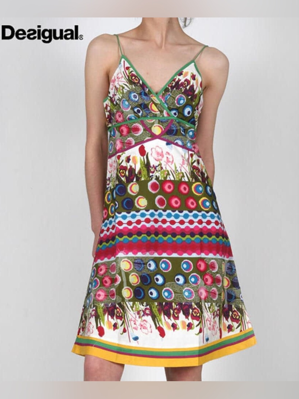 Desigual Multicolor Floral & Geometric Midi Dress with Green Trim